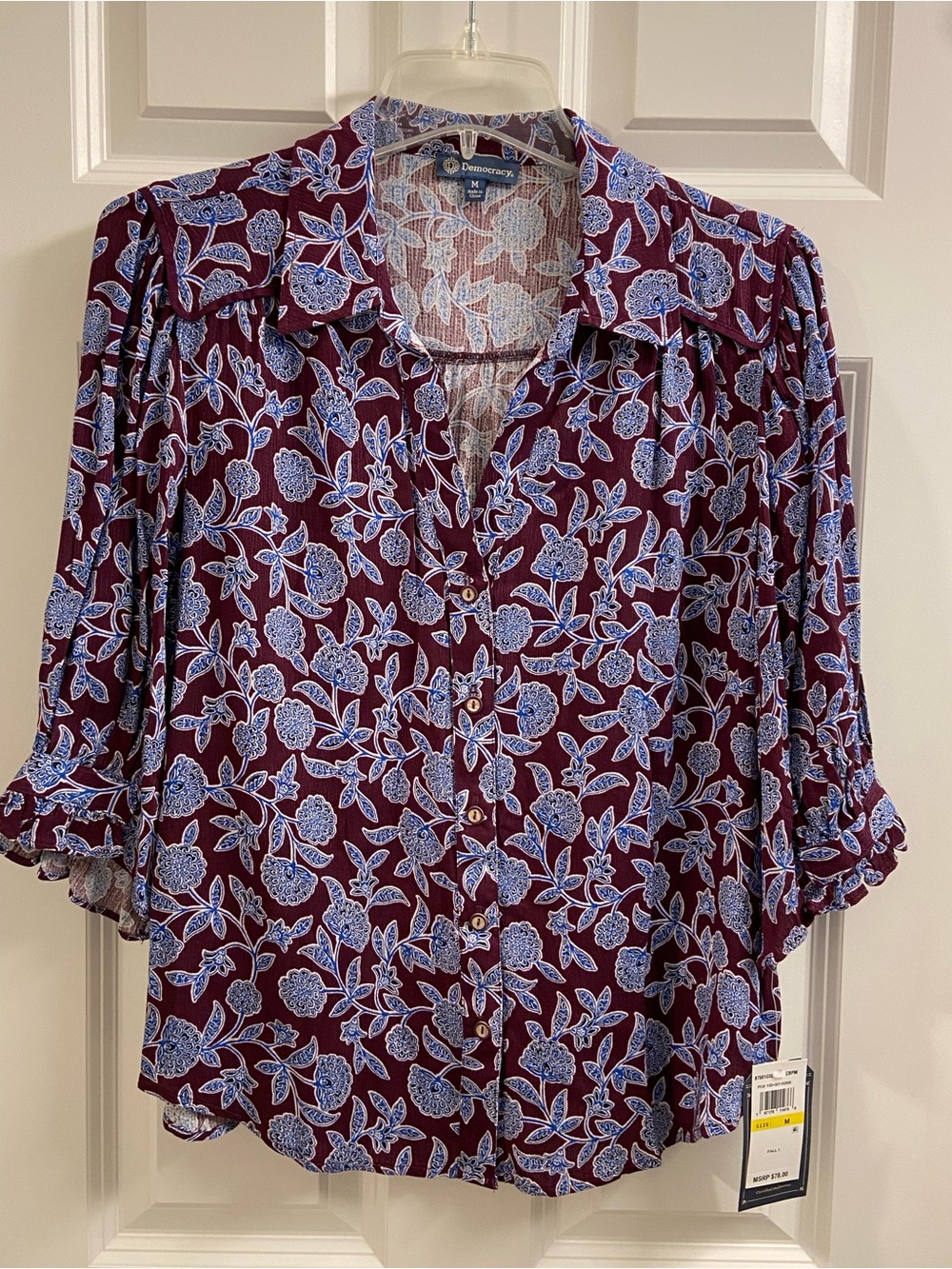 NWT Women's Democracy Medium Button Up Shirt Blouse Burgundy Blue 3/4 Sleeve Top